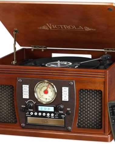 Victrola Navigator 8-in-1 Bluetooth Record Player with Built-in Speakers– 3 Speed Turntable, CD Player, Cassette, FM Radio, USB, RCA Out, Headphone Jack, Wireless Music Streaming, Real Wood (Mahogany)