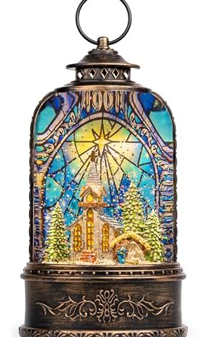 Christmas Snow Globe Lantern Water Glittering Churches & Holy Family with Music& Timer, USB Lined/Battery Operated Lighted Lantern for Christmas Festival Decoration Gifts