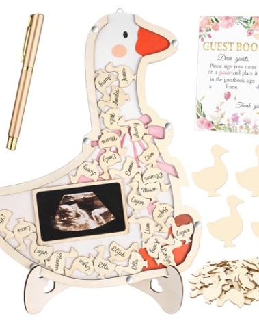 LTEIWFPE 64 Pcs Silly Goose Baby Shower Guest Book Alternative Gender Reveal Party Decorations with 60 DIY Wood Slices 1 Sign in Guestbook Photo Frame 1 Pen 1 Wooden Stands 1 Standing Card Keepsake