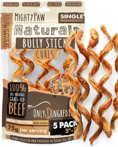 Mighty Paw Naturals Curly Bully Sticks for Dogs - Grass Fed Beef Chews. Bully Sticks for Large Dogs, Medium, Small Breeds. Lower Odor Treats for Small Pets. Single Ingredient 6” - 5 Pack