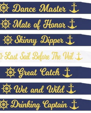 7 Pcs Nautical Bachelorette Party Sashes, White Gold "Last Sail Before The Veil" Bride to be Sash and Navy Blue Bride Tribe Sashes for Anchor Cruise Sailor Nauti Bridal Shower Party Decor Gifts Jokes