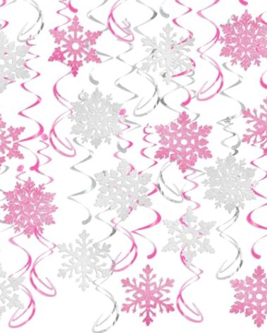 32 Pcs Pink Silver Glitter Snowflake Hanging Swirls Decoration Christmas Ceiling Decorative Streamers Snowflake Ornaments Garland Winter Holiday Wonderland Frozen Party Supplies