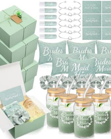 FillTouch 54 Pcs Bridesmaid Proposal Gifts, Maid of Honor Gift Include Wedding Gift Box Makeup Bag Invited Card Glass Cup Lip Balm Scrunchie Bracelet for Bridal Shower Bachelorette Party(Green)