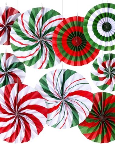 Outus Christmas Hanging Decorations Candy Paper Fans Peppermint Hanging Paper Fans Candy Cane Ceiling Wall Decor for Christmas Party Classroom Birthday Party(18 Pcs,Fresh)