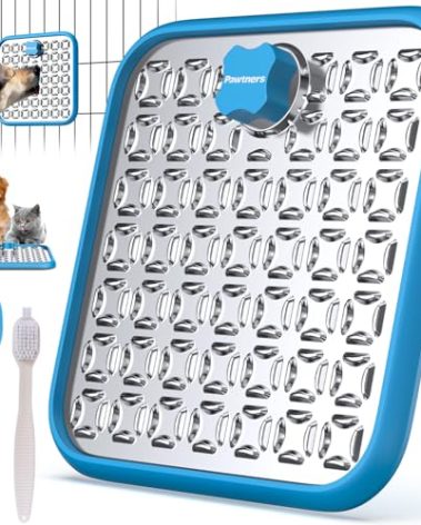 Lick Mat for Dogs & Cats, Stainless Steel Pet Slow Feeder for Crate Boredom & Anxiety Reduce, Cat Licking Pads with Spatula & Scrubbing Brush, Blue