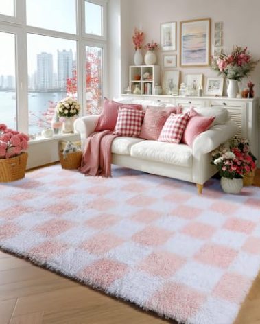 KICMOR Light Pink and White Rugs for Bedroom Girls, 4x6 Fluffy Fuzzy Checkered Shag Area Rug Shaggy Bedside Carpet, Soft Plush Cute Rug for Toddler Kids Baby Nursery Teen Dorm Living Room Home Decor