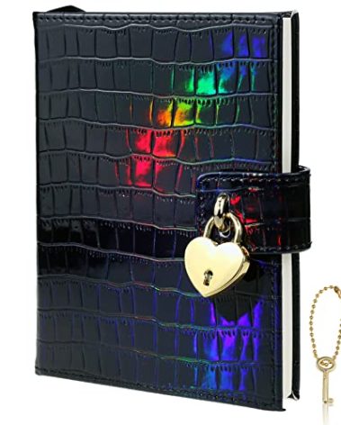 Mazeran Heart Shaped Lock Journal, Laser Rainbow PU Croco Embossed Hard Cover Notebook Travel Diary, B6 Lined Locking with Key Personal Planner Secret Organizers Gift for Girls Women Daughter