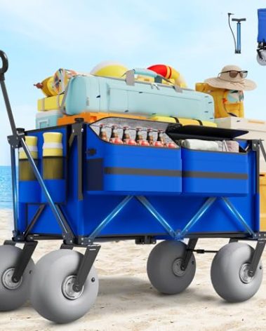 Beach Wagon with Big Wheels for Sand - 450lbs Load Heavy Duty Wagons Carts Foldable with 9" All Terrain Inflatable Tires, Collapsible Beach Cart for Grocery Shopping Garden Sports Camping Outdoor