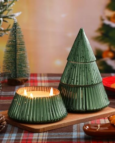 Conelist 2 Pack Christmas Tree Shaped Candles with Retro Glass Jar Christmas Tree Table Decoration, Green Fir Pine Scented Soy Wax, Aromatherapy Xmas Candles Holiday Gift for Women