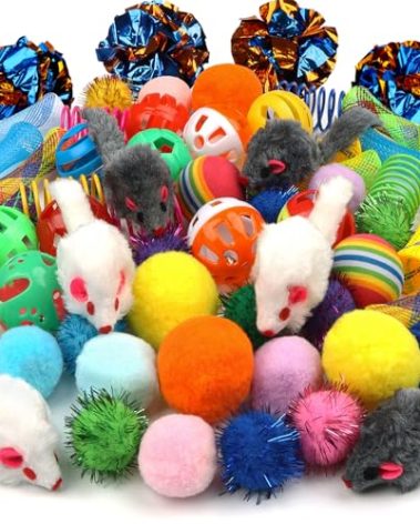 QUOZUO Kitten Toys, 60PCS Cat Balls Springs Toy Set, Cat Mouse Toy, Kitten Sparkle Crinkle Balls Furry Soft Pom Pom