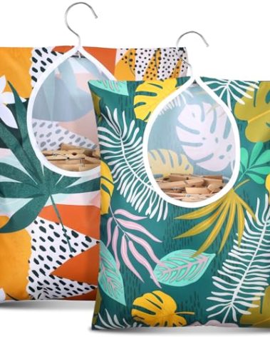 Woanger 2 Pcs Clothes Pin Bag Clothespin Holder 15 x 11 in to Hang on Line Clothes Pin Hanging Bag for Clothesline Outdoor Storage Organizer Basket with Large Opening(Leaves Style)