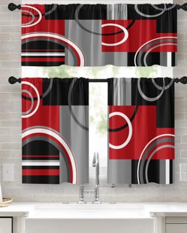 Tayney Red Geometric Kitchen Window Curtains Valance and Tier Set 36 Inch Black Grey White Modern Rod Pocket Short Tier Curtain, Abstract Small Drapes for Kitchen Decor