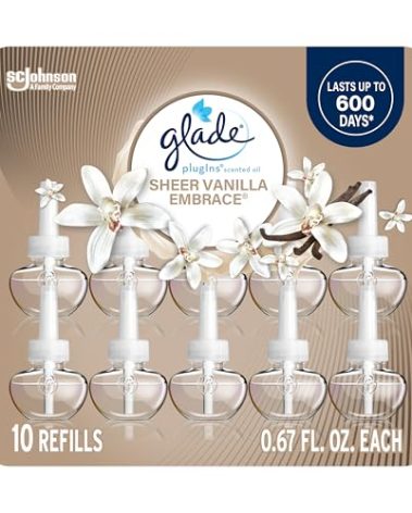 Glade PlugIns Refills Air Freshener, Sheer Vanilla Embrace, Scented and Essential Oils for Home and Bathroom, 0.67 Fl Oz, 10 Count