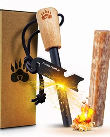 OURS FURTIF Fire Starter Survival Kit – 3/8" Ferro Rod with Multi-Tool Striker & Natural Fatwood Tinder – 15,000+ Strikes Waterproof Flint Fire Steel – Bushcraft, Camping & Emergency Gear