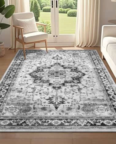5x7 Vintage Area Rug for Living Room Bedroom, Washable Indoor Rug Non Slip, Thin Throw Floral Floor Low Pile Distressed Carpet for Office Nursery Dining Room (Black/Grey)