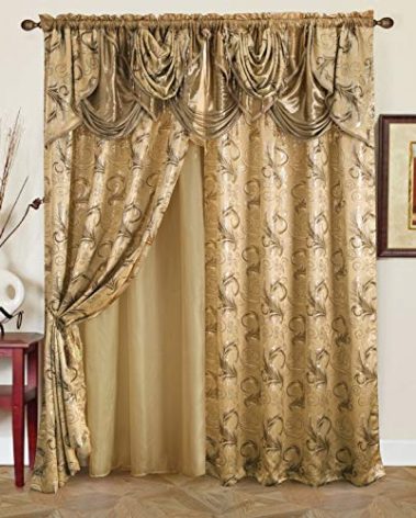 GLORY RUGS Jacquard Luxury Window 2 Panel Set Taupe Curtain with Attached Valance and Backing Bedroom Living Room Dining 2 Curtains 55x84 inches Each Jana