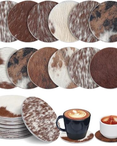 Hushee 12 Pcs Cowhide Coasters Round Natural Leather Cowhide Drink Coasters for Tea Cup Living Room Office Desk Decoration
