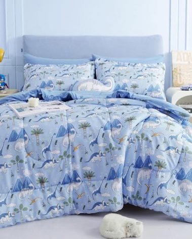 Mooreeke Kids Twin Comforter Sets for Boys 6 Pieces Dinosaur Blue Bedding Set for Teens Soft Microfiber Kids Bed in A Bag with Comforter, Sheet Set, Shams and Decorative Toy Pillow All Season