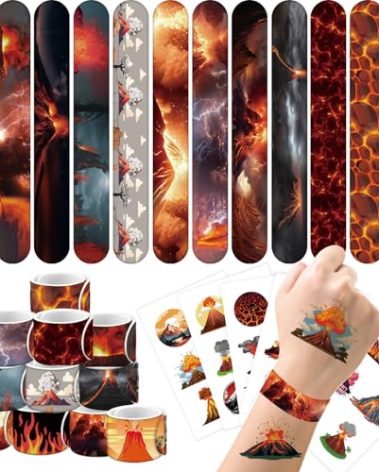 60PCS Volcano Party Favors Include 24Pcs Hot Lava Slap Bracelet 36Pcs Volcano Temporary Tattoos for Hot Lava Volcano Birthday Party Supplies