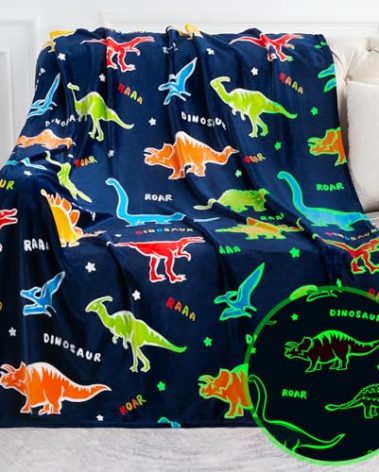 Jekeno Dinosaur Glow in The Dark Blanket Dino Gift Throw for Kids Boys Girls Birthday Christmas Halloween Easter Decor for Age 1-16 Years Old Teens Child Toddler Son Throw Navy Blue 50"x60"