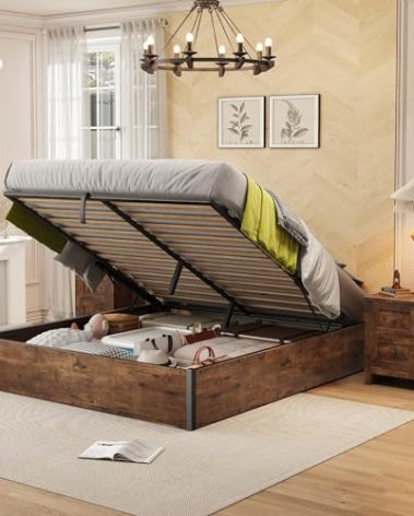 AMERLIFE Lift Up Storage Bed, Queen Bed Frame with Storage Underneath, Wooden Platform Bed Frame, Solid Wood Slats Support, No Fixed Headboard, No Box Spring Needed, Rustic Brown