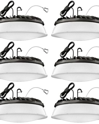 Elaruslux 200W 6 Pack UFO LED High Bay Light with Reflector 28,000lm 5000K LED High Bay Lights AC110-277V 5' Cable with Plug Waterproof UFO Lights for Garage Shop Gym Factory