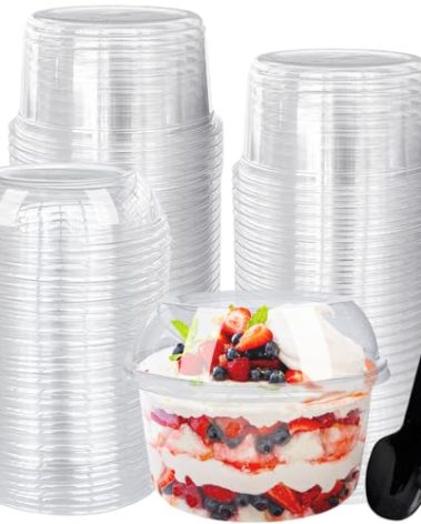 Alaeseje 50 Pack 12 oz Disposable Clear Plastic Cups,PET Dessert Cups with Lids and Spoons,Disposable Snack Bowls for Cupcake,Pudding,Snacks,Yogurt,ParfaitFruits,Mousse