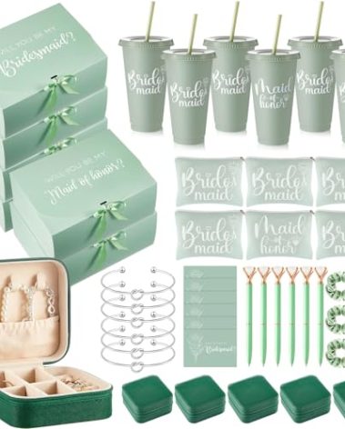 Hinly 48 Pcs Bridesmaid Proposal Gifts Set, Maid of Honor Gifts Set from Bride, Will You Be My Bridesmaid Gift Box, 24 oz Tumbler Bridal Bachelorette Party Presents for Bridesmaids Wedding(Green)