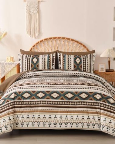 Dinjoy Boho Comforter Set Full Size 7 Piece Bed in a Bag Soft Brown Striped Bedding Sets Bohemian Comforters and Sheet Set, Microfiber Aztec Complete Sets for All Season