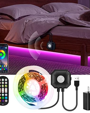 Motion Activated Under Bed Lights,9.8ft Motion Sensor LED Light Strip with Remote Control,5050 RGB LED Night Lights with Automatic Shut Off Timer for Indoor,Bed,Wardrobe, Cabinet,Corridor,Stair Decor