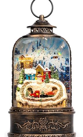 Christmas Snow Globe Lantern Water Glittering Snowman & Train with Music & Timer, USB Lined/Battery Operated Lighted Lantern for Christmas Festival Decoration Gifts