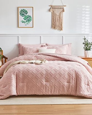 7 Pieces Tufted Bed in a Bag King Comforter Set with Sheets Blush Pink, Soft and Embroidery Shabby Chic Boho Bohemian, Luxury Solid with Diamond Pattern, Jacquard Tufts Bedding Set for All Season