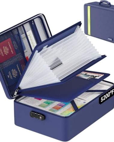 Fireproof Document Bag, Insulated Large Document Box with Lock, Important Document Organizer with Waterproof Zipper, Portable Soft Home Travel Office Safe Storage with 13 Accordion File Folder,Blue