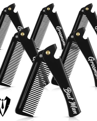 6 Pcs Groomsmen Gifts Folding Beard Comb for Men with Opener Groomsmen Gift Set of 6 Best Man Proposal Gift Combs Hair Mustache for Wedding Party Favor Grooming Detangling(Stainless Steel,Black)