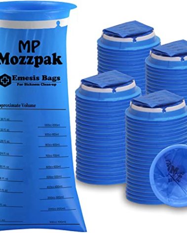 MP MOZZPAK Vomit Bags Disposable 100 Pack - 1000ml Emesis Bags, Leak-Proof Barf Bag, Travel Friendly Puke & Nausea Bag for Motion Sickness, Medical Grade Throw up Relief for Car, AirPlane, & Road Trip