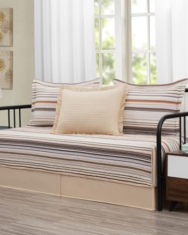 Chezmoi Collection Avery Striped Cotton Quilt Set Daybed Size, 5-Piece Soft Pre-Washed 100% Cotton Quilt, Multi-Color Brown