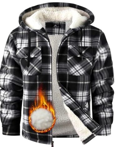 WENTTUO Winter Jacket for Men Fleece Plaid Hoodie Long Sleeve Winter Warm Coat