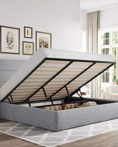 Allewie King Size Lift Up Storage Bed, Modern Wingback Headboard, Hydraulic Support, No Box Spring Needed, Light Grey