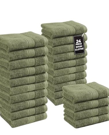 LANE LINEN 100% Cotton Washcloths 24 Pack - Spa & Salon Quality - Ring Spun Cotton Face Cloths - Very Soft & Absorbent Wash Cloths for Body, Beauty, Home, Gym - Fingertip Towels - 13"x13", Oil Green