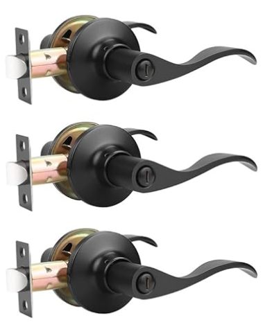 Mengico 3 Pack Modern Door Lever,Black Door Handle Lock,Interior Door Lever Privacy Door Lever(for Bedroom Bathroom),Reversible Wave Lever Handles