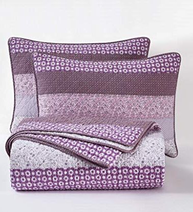 Chezmoi Collection Poppy 3-Piece Patchwork Striped Pre-Washed Cotton Quilt Set - Purple Flower Floral Coverlst - Lightweight Reversible Bedspread, King Size