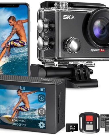 Hiicam Action Camera 5K 30FPS Waterproof Camera Underwater 131FT with EIS WiFi App Remote Control 64GB Card 170° Wide Angle Sports Helmet Bike Video Black with 64GB Card