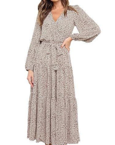 PRETTYGARDEN Womens Spring Long Sleeve Wrap V Neck Ruffle Floral Maxi Dress Casual Tie Waist Boho Chiffon Flowy Long Dresses(Apricot,Medium)