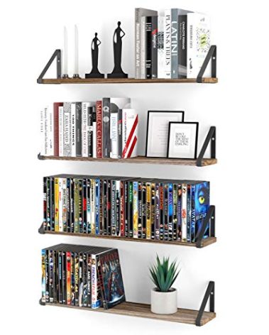 Wallniture Ponza Wood Floating Shelves for Wall, Rustic Wall Shelves for Living Room, 24" Bookshelf and DVD Storage Shelf Set of 4, Natural Burned