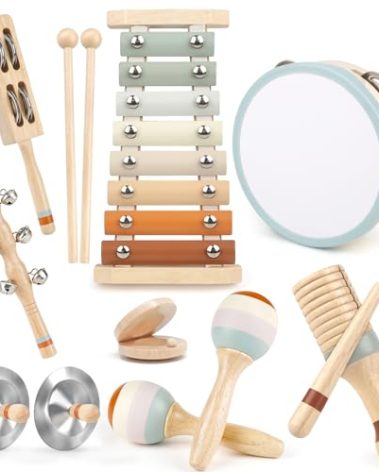 Toddler Musical Instruments, Joyreal Baby Musical Instruments Montessori Wooden Toys for Toddlers 3, Neutral Colors Percussion Instruments Set, Aesthetic Modern Boho Xylophone for Kids Playroom Gifts