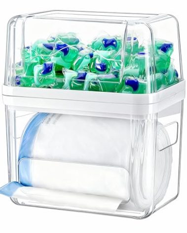 iCASA Trash Bag Dispenser Dishwasher Pod Organizer, 3 in 1 Grocery Garbage Bags Holder Storage Box Clear Laundry Room Pods Dishwasher Tab Cleaner Tablets Container Pantry Kitchen Under Sink Organizers