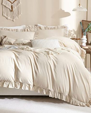 QSH Washed Cotton Duvet Cover King Ruffle Duvet Cover Linen Feel Textured Farmhouse Shabby Vintage Chic Bedding Comforter Cover 3 Pieces Aesthetic Elegant King Bedding