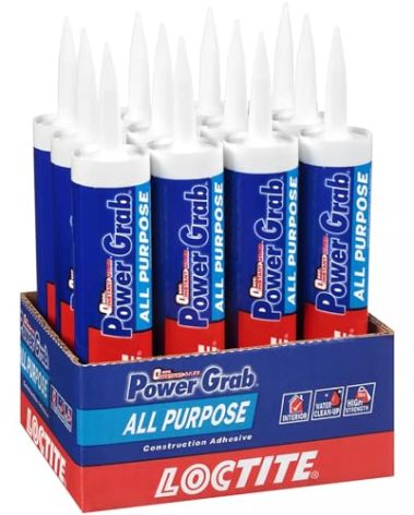 Loctite Power Grab Express All Purpose Construction Adhesive, 9 fl oz Cartridge, 12 Pack - Versatile Construction Glue for Cement, Tile, Wall & More