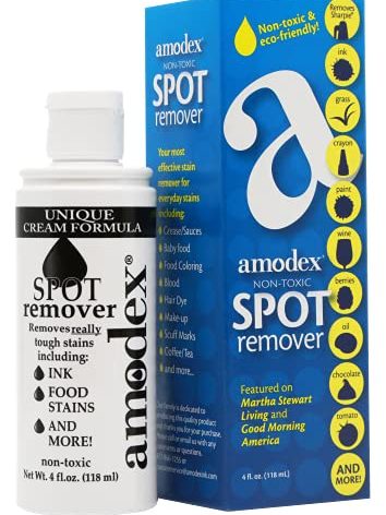 Amodex Ink & Spot Remover for Clothes, Leather and Skin - Removes Ink, Ballpoint, Sharpie, Grease and More, Works on Set-in Stains, Gentle but Powerful, 4oz/120ml Bottle