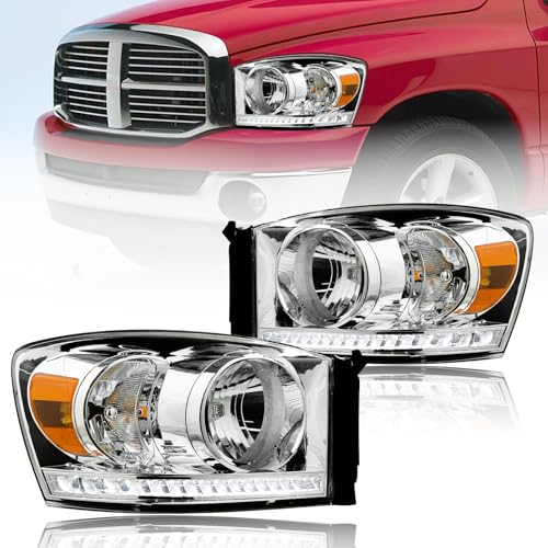 Fullux Headlights LED for 2006-2008 Dodge Ram 1500 2500 3500 LED DRL Head Lights Assembly Halogen Headlamps Amber Reflector Chrome Housing